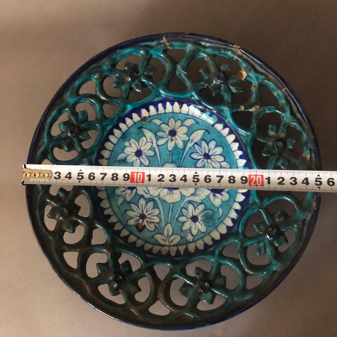 ペルシャ陶器　骨董　青瓷窯　花草文様　飾皿　イスラエル陶器　古美術