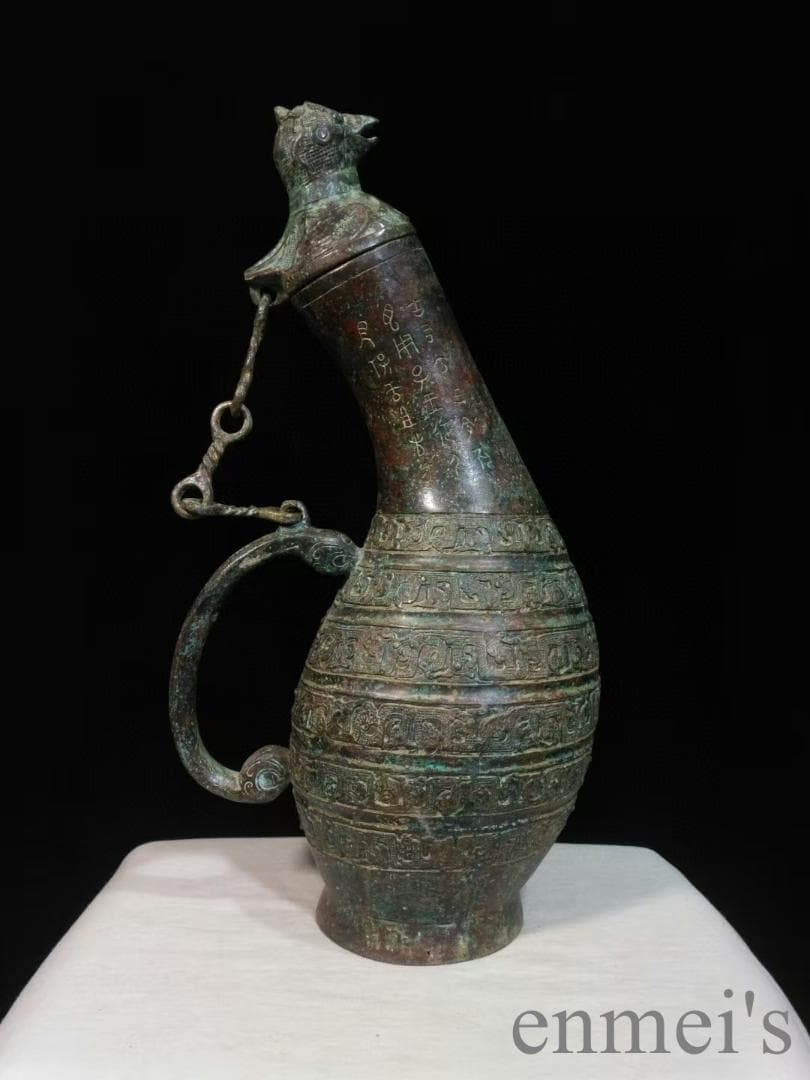 中国古美術 青銅器 禮器 盛酒器 瓠壺 鳥蓋 鍍金 彫刻 唐物 骨董品 禮制美術