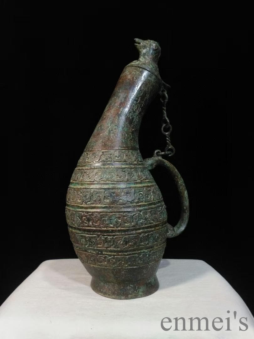 中国古美術 青銅器 禮器 盛酒器 瓠壺 鳥蓋 鍍金 彫刻 唐物 骨董品 禮制美術