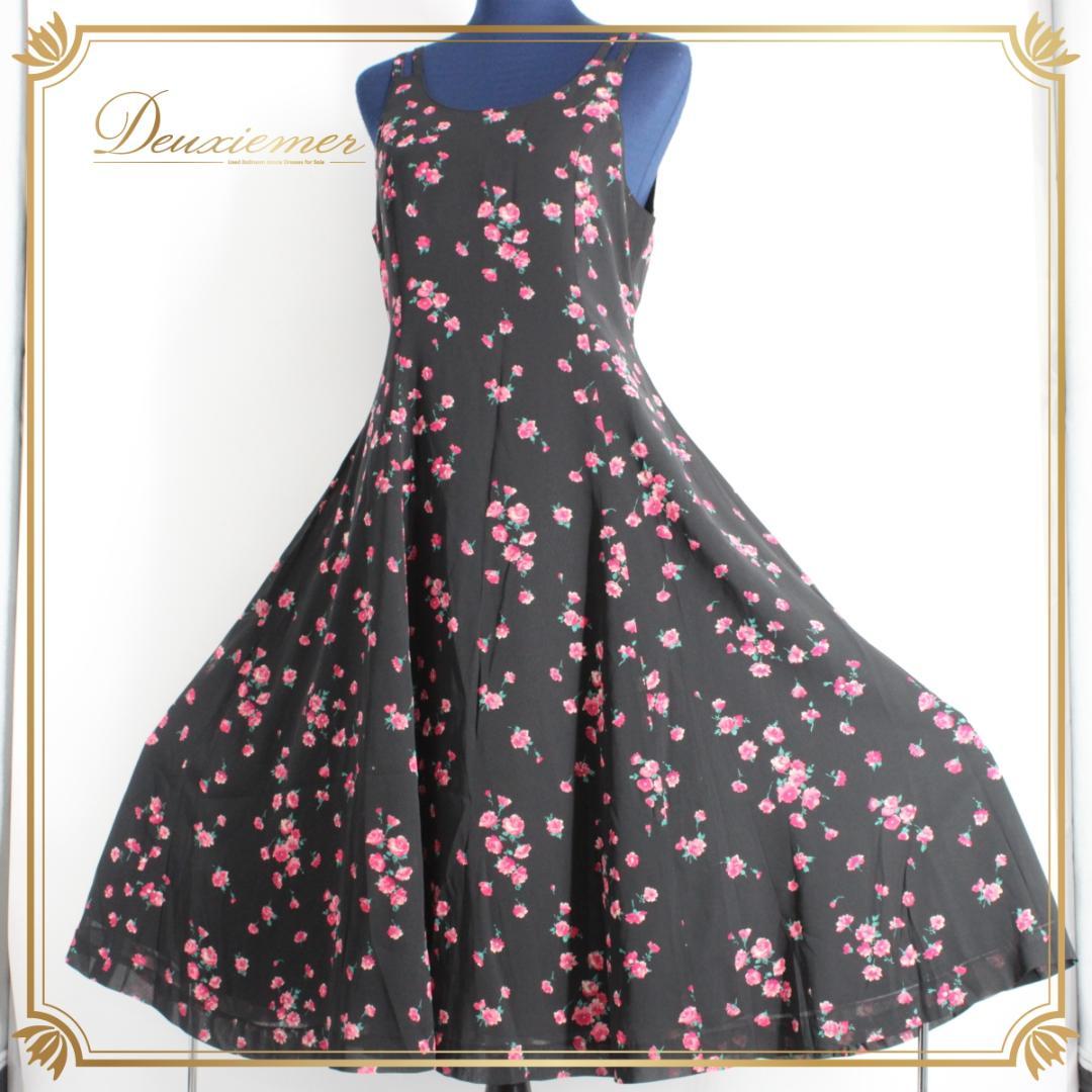 【美品 日本製社交ダンス衣装】ワンピース ドレス Sanline 黒 緑