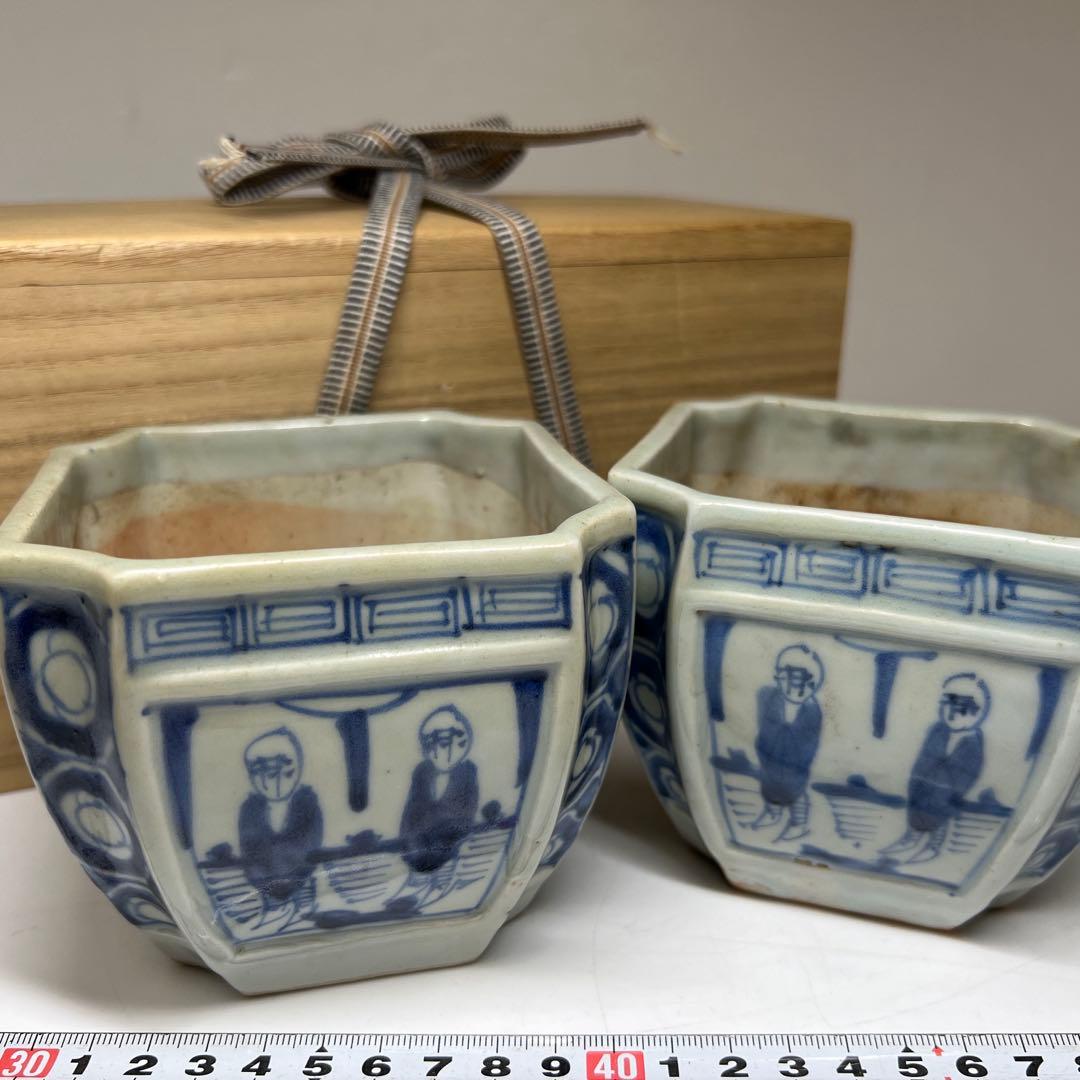 古伊万里　染付角火入一対　木箱付　幅約10㎝　東Y7-0620④タトチ