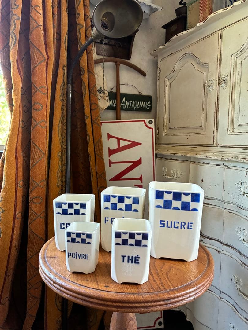 FJアンティーク 陶器　キャニスター　ブルー　市松　バドンヴィレー　レア