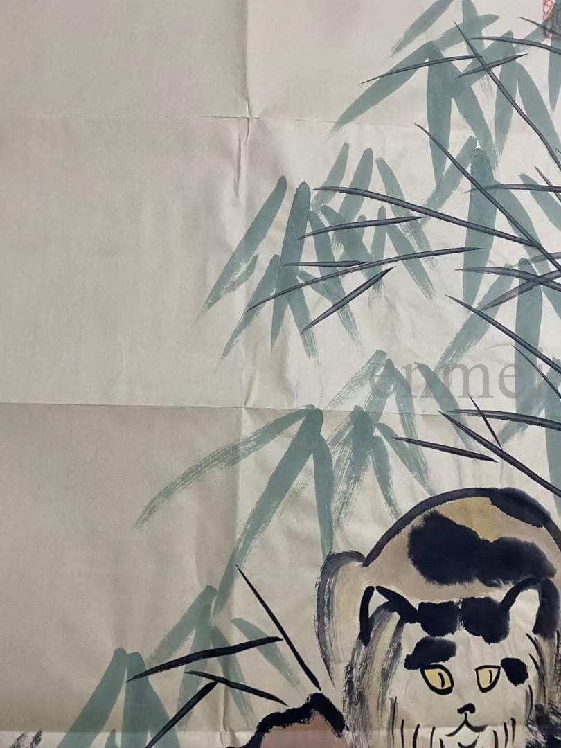 中国古美術 徐悲鴻款 雙猫図三尺画芯 肉筆手描き 動物画 宣紙画芯 証書付 文房