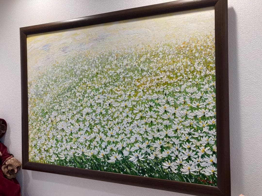 コスモス畑の風景画（油絵肉筆画）975×720