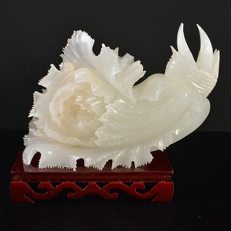 中国　玉石白玉彫刻　白菜　置物　唐木台付　V　R7211B