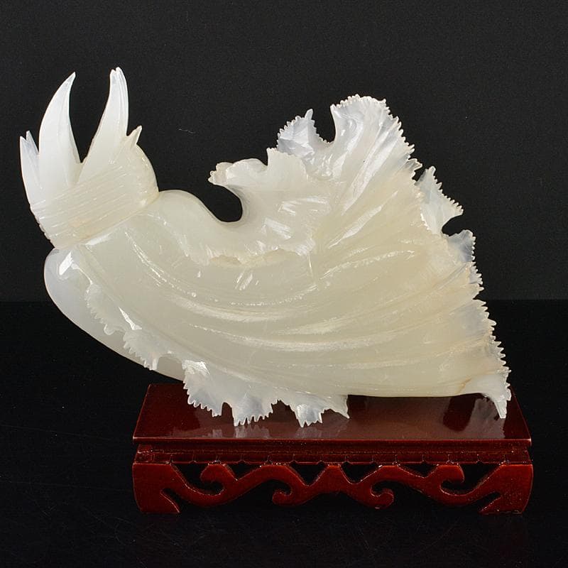 中国　玉石白玉彫刻　白菜　置物　唐木台付　V　R7211B