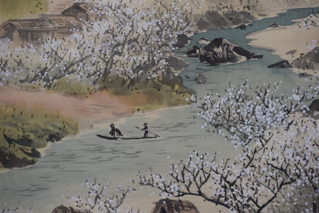 【真作】服部石仙/梅花山村図/春景山水小舟図/掛軸☆宝船☆Z-453