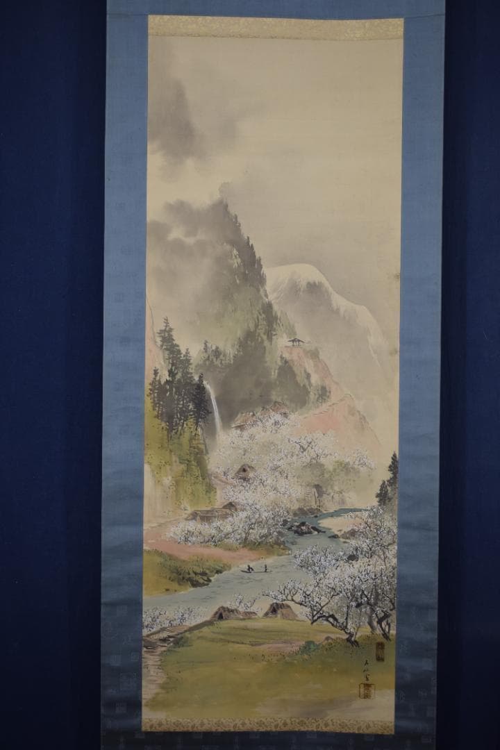 【真作】服部石仙/梅花山村図/春景山水小舟図/掛軸☆宝船☆Z-453