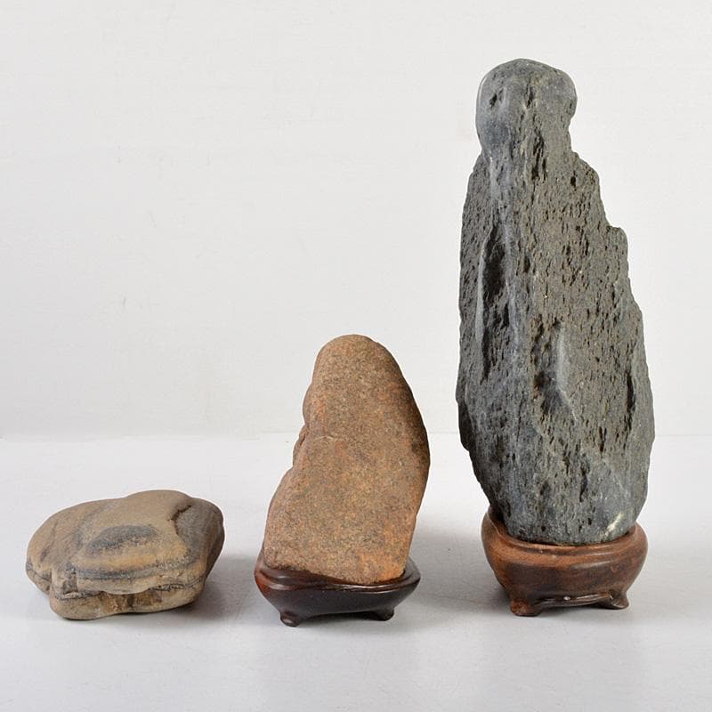 鑑賞石　天然石　置物　3点まとめて　唐木台付　C　R6139C