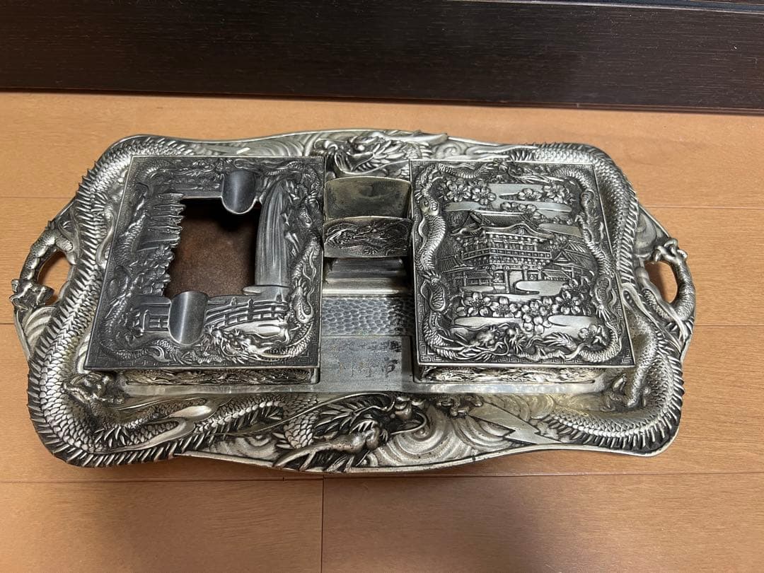 高級 昭和レトロ 龍 日本製 白銅 灰皿セット アンティーク 喫煙具 煙草入れ