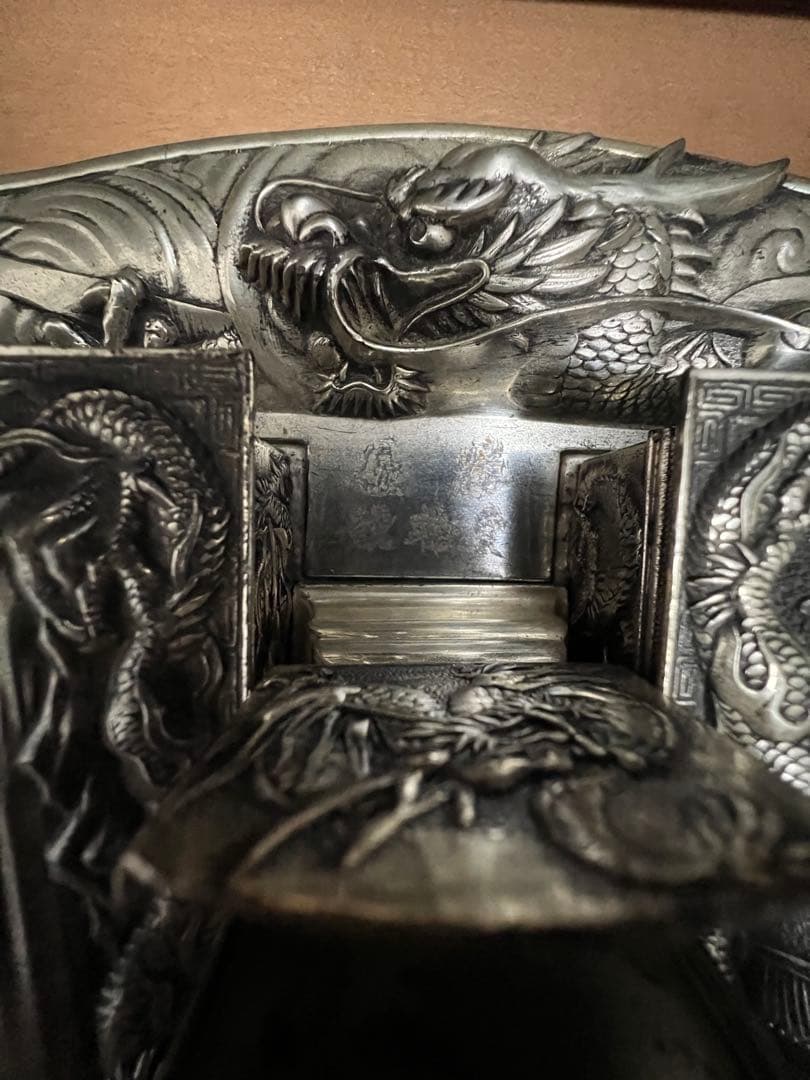 高級 昭和レトロ 龍 日本製 白銅 灰皿セット アンティーク 喫煙具 煙草入れ