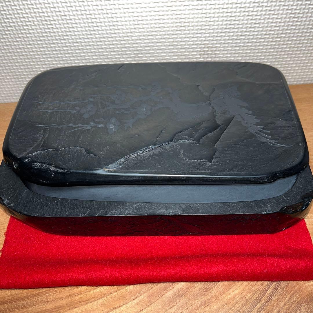 ⭕️雄勝硯　共蓋付き　伝統工芸士　山崎勝　7寸大　咲き梅花彫刻蓋　大型　石紋綺麗