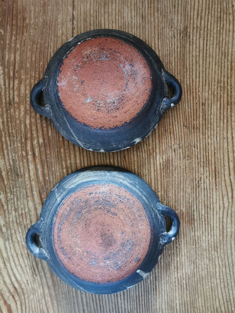 作家物 ギャラリー 個展購入 耳付き墨黒深皿 ワンプレート 2枚ペアセット