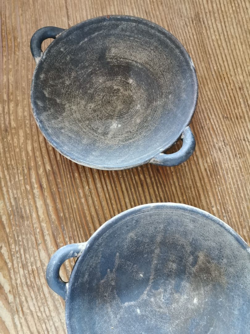 作家物 ギャラリー 個展購入 耳付き墨黒深皿 ワンプレート 2枚ペアセット