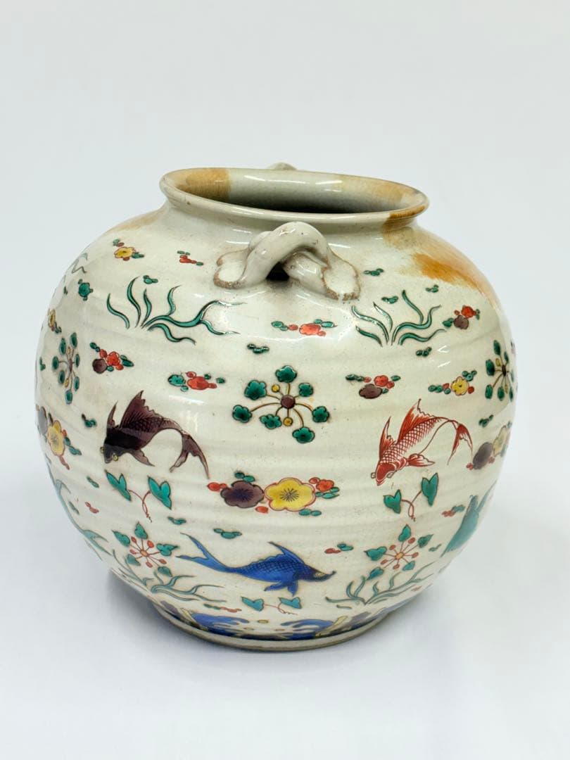 清末〜民国期 中国 景徳鎮 色絵鯉文 双耳 壺 花瓶 古美術 五彩 陶芸