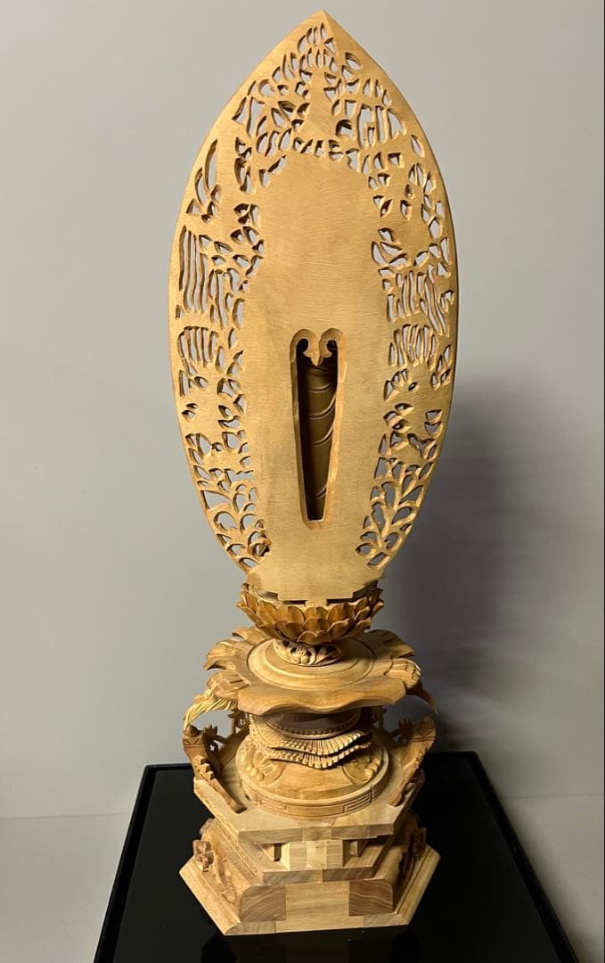 仏像　総白檀　仏像　木彫　舟立阿弥陀　六角台座ケマン付　飛天光背　金泥書　16