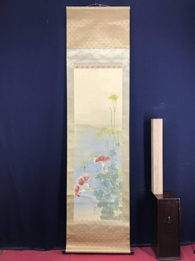 真作/雑喉紅朝/朝顔/オミナエシトンボ図/夏の花図/掛軸/名家伝来/AD-876