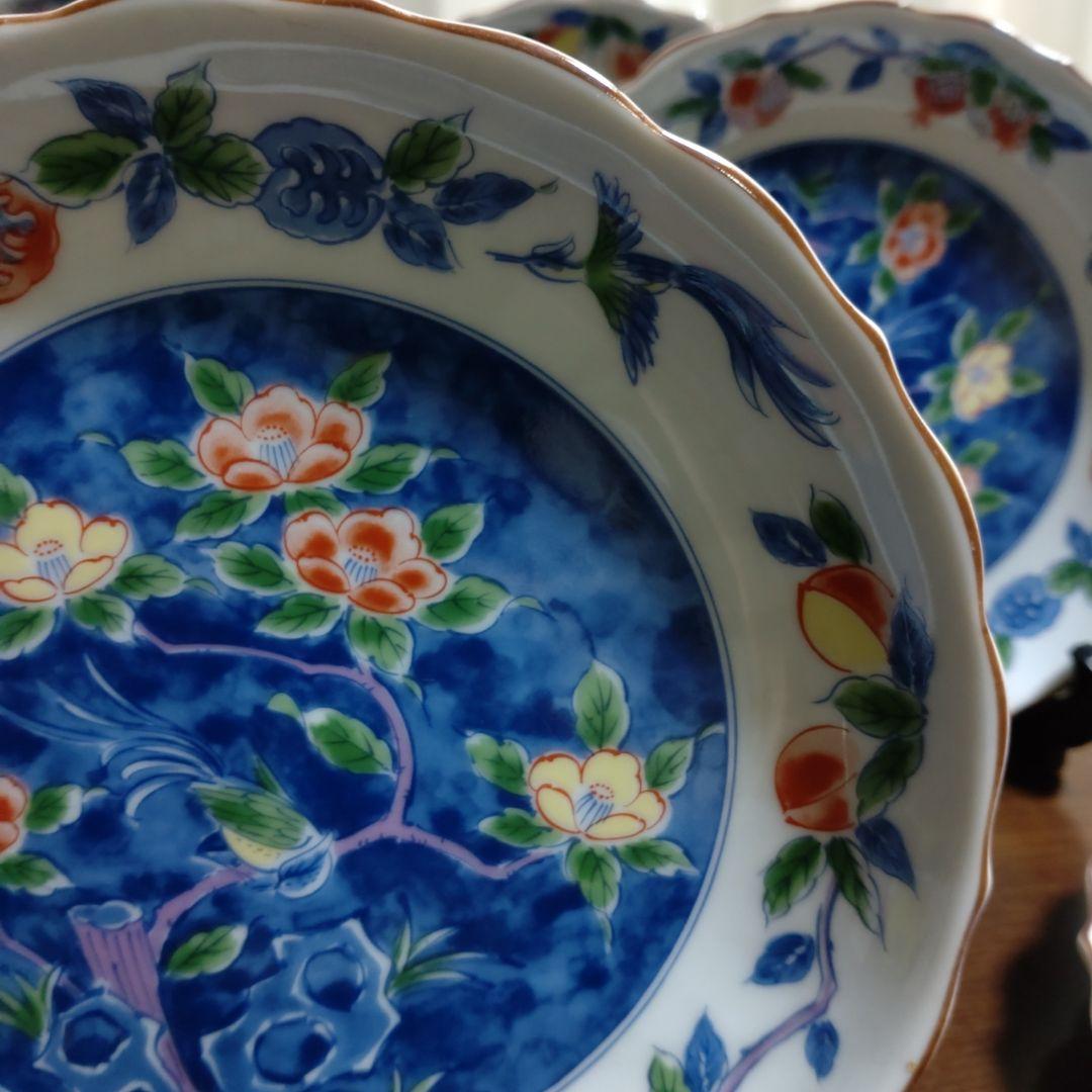 【庫山窯】花縁花鳥図中皿　銘々皿五客揃い