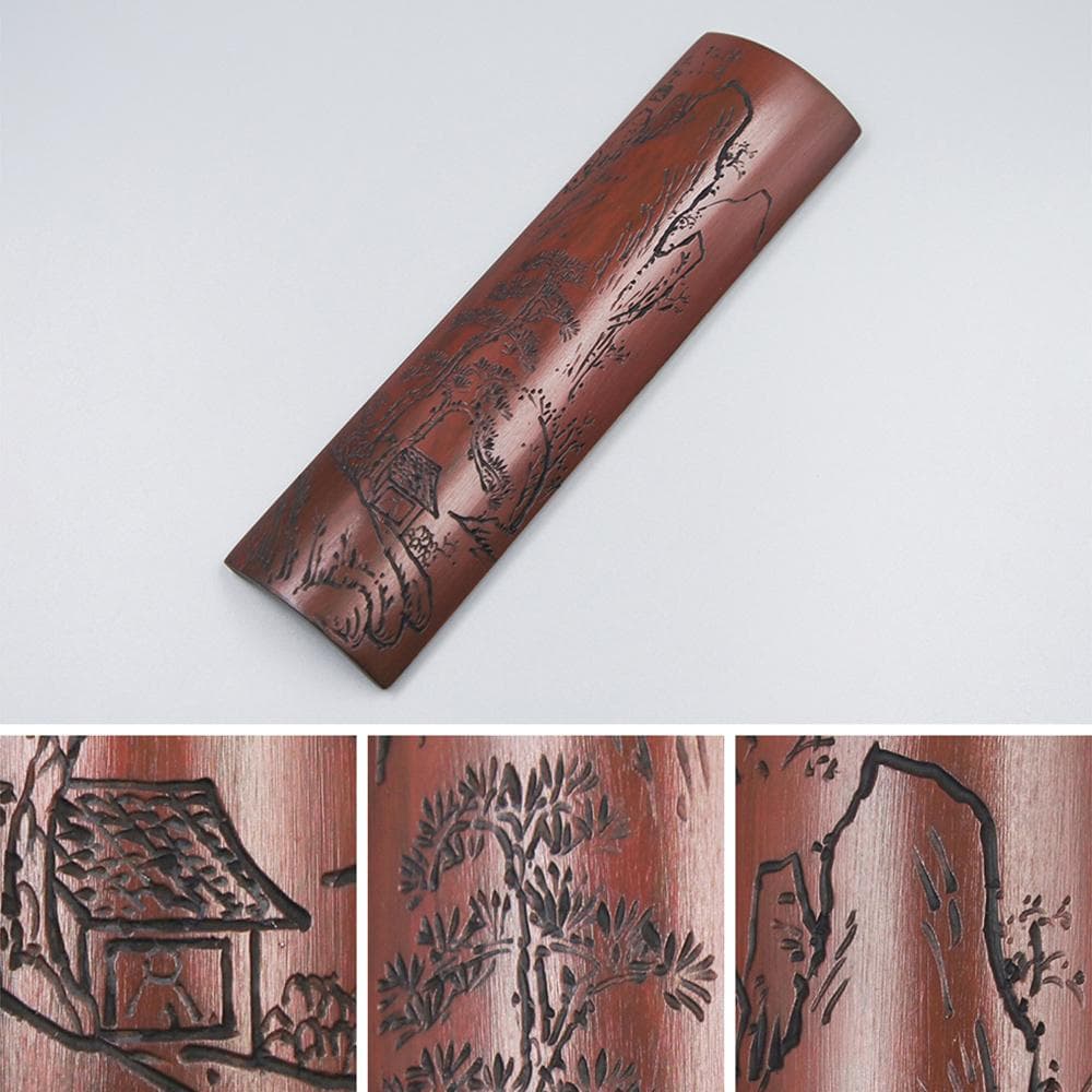 【竹】　★ 竹木 唐竹彫山水紋腕枕 ★　落款有　老松隠士 彫刻文様　文房珍玩