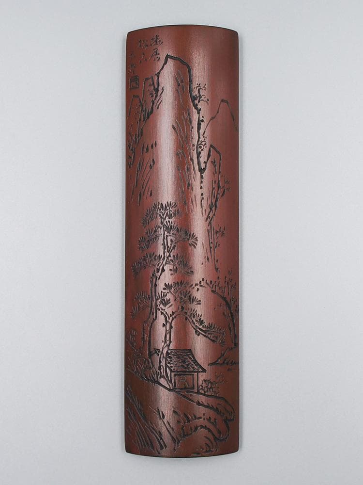 【竹】　★ 竹木 唐竹彫山水紋腕枕 ★　落款有　老松隠士 彫刻文様　文房珍玩