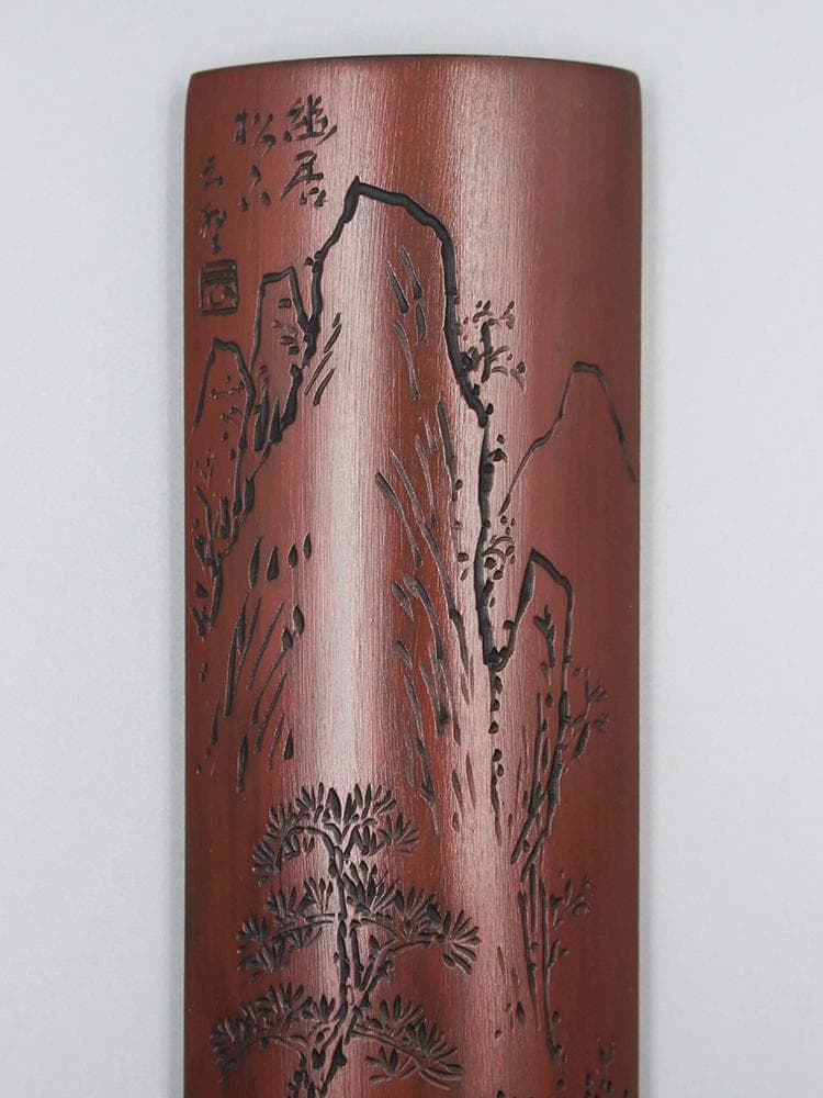 【竹】　★ 竹木 唐竹彫山水紋腕枕 ★　落款有　老松隠士 彫刻文様　文房珍玩