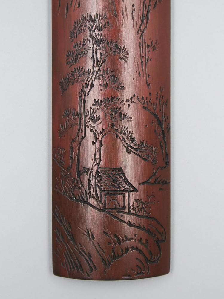 【竹】　★ 竹木 唐竹彫山水紋腕枕 ★　落款有　老松隠士 彫刻文様　文房珍玩