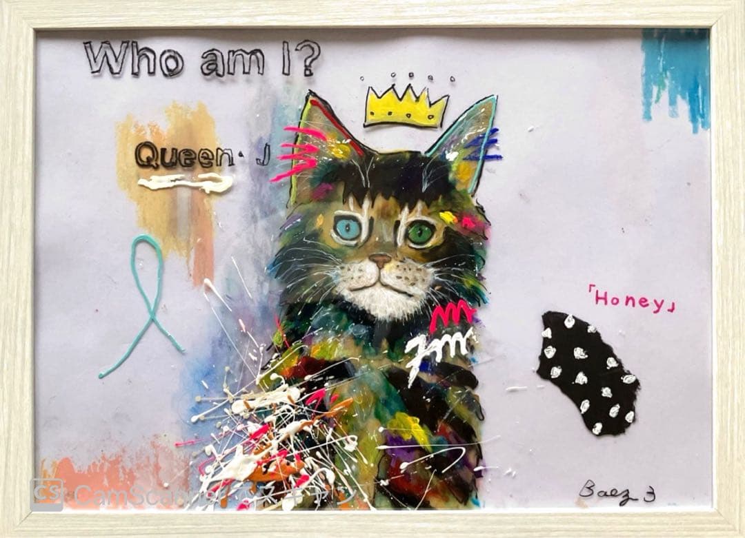 【Queen 】猫の絵　ピンク　原画　イラスト　アクリル画　BAEZ3