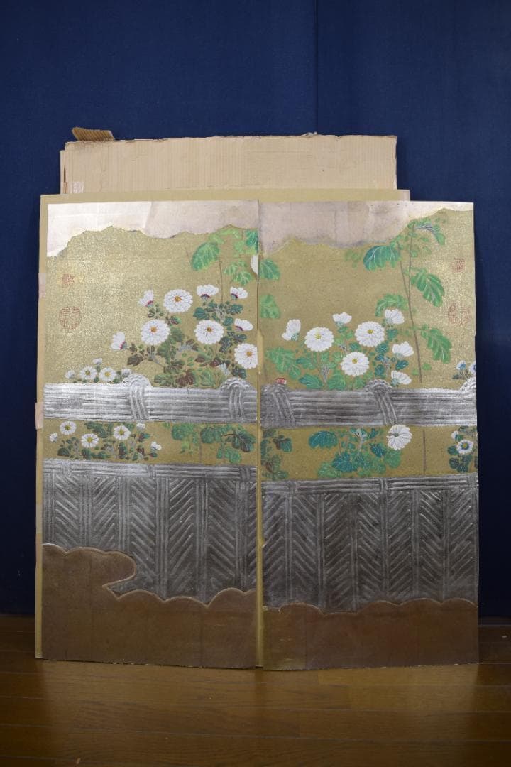 【模写】伊藤若冲/菊図/屏風ハガシ/二曲用マクリ/掛軸☆宝船☆Z-367