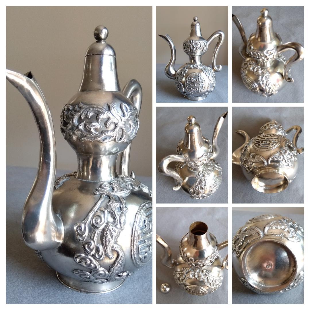 北京工芸品公司　銀製伝統的吉兆蝙蝠が取り囲む囍酒器329g全高195長150mm