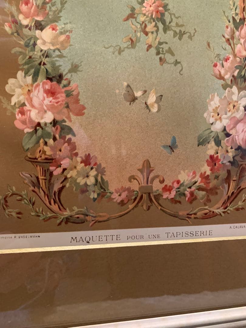 フランス製　アンティーク　1890年の装飾図案集色刷石版額装！花柄ロマンチック！