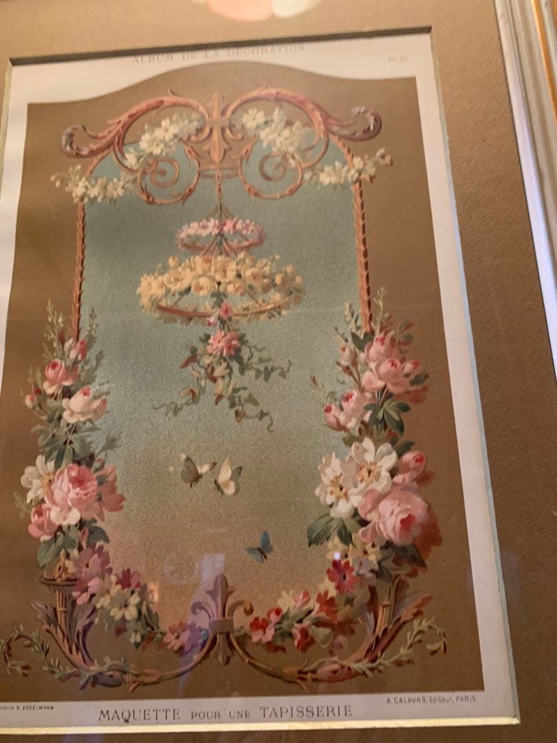 フランス製　アンティーク　1890年の装飾図案集色刷石版額装！花柄ロマンチック！