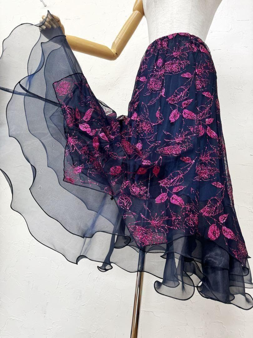 【花柄ラメ】社交ダンス用裾オーガンジー 　ロングフレアスカート紺ピンクｄ026