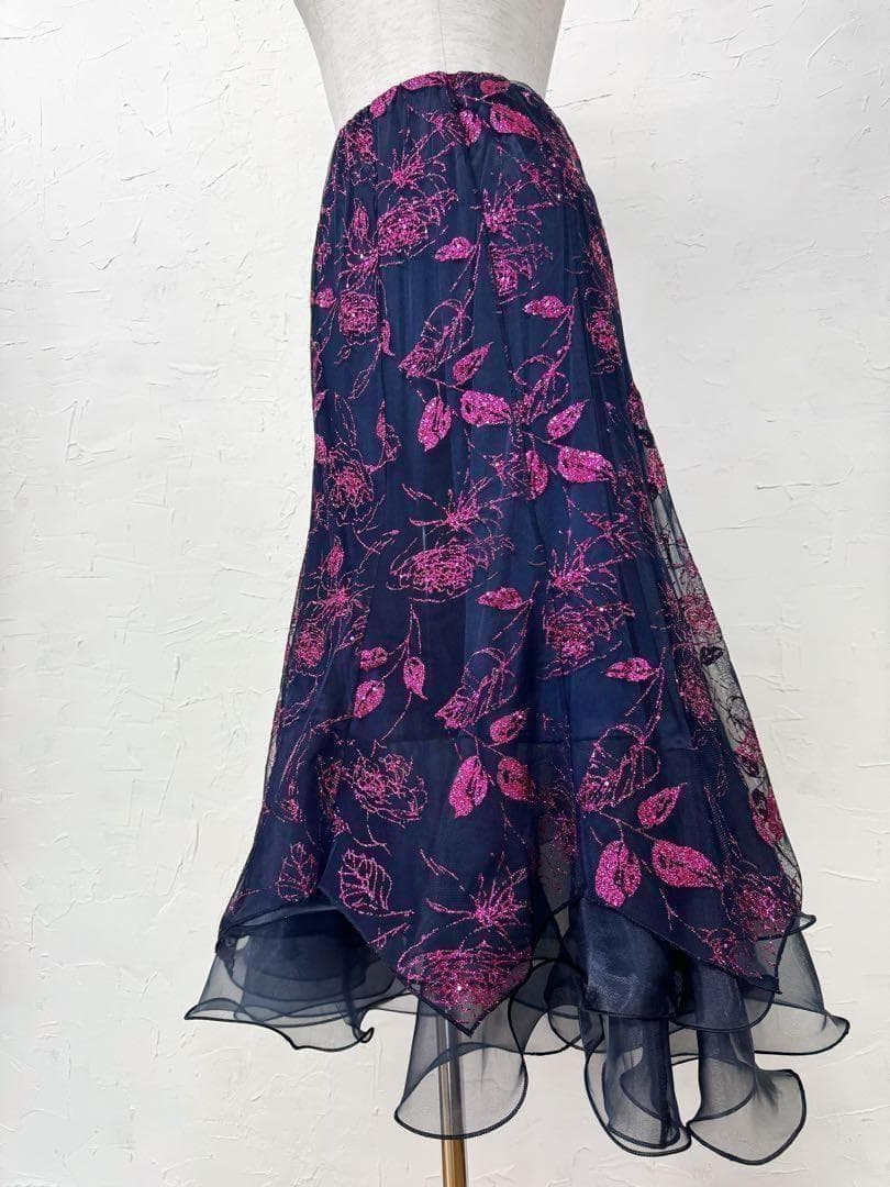 【花柄ラメ】社交ダンス用裾オーガンジー 　ロングフレアスカート紺ピンクｄ026
