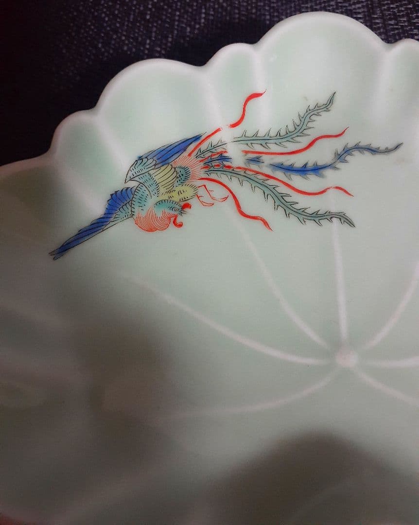 【名品❗️】江戸時代　柿右衛門様式　青磁瑠璃釉　蓮葉形　極細密　鳳凰図　変型皿