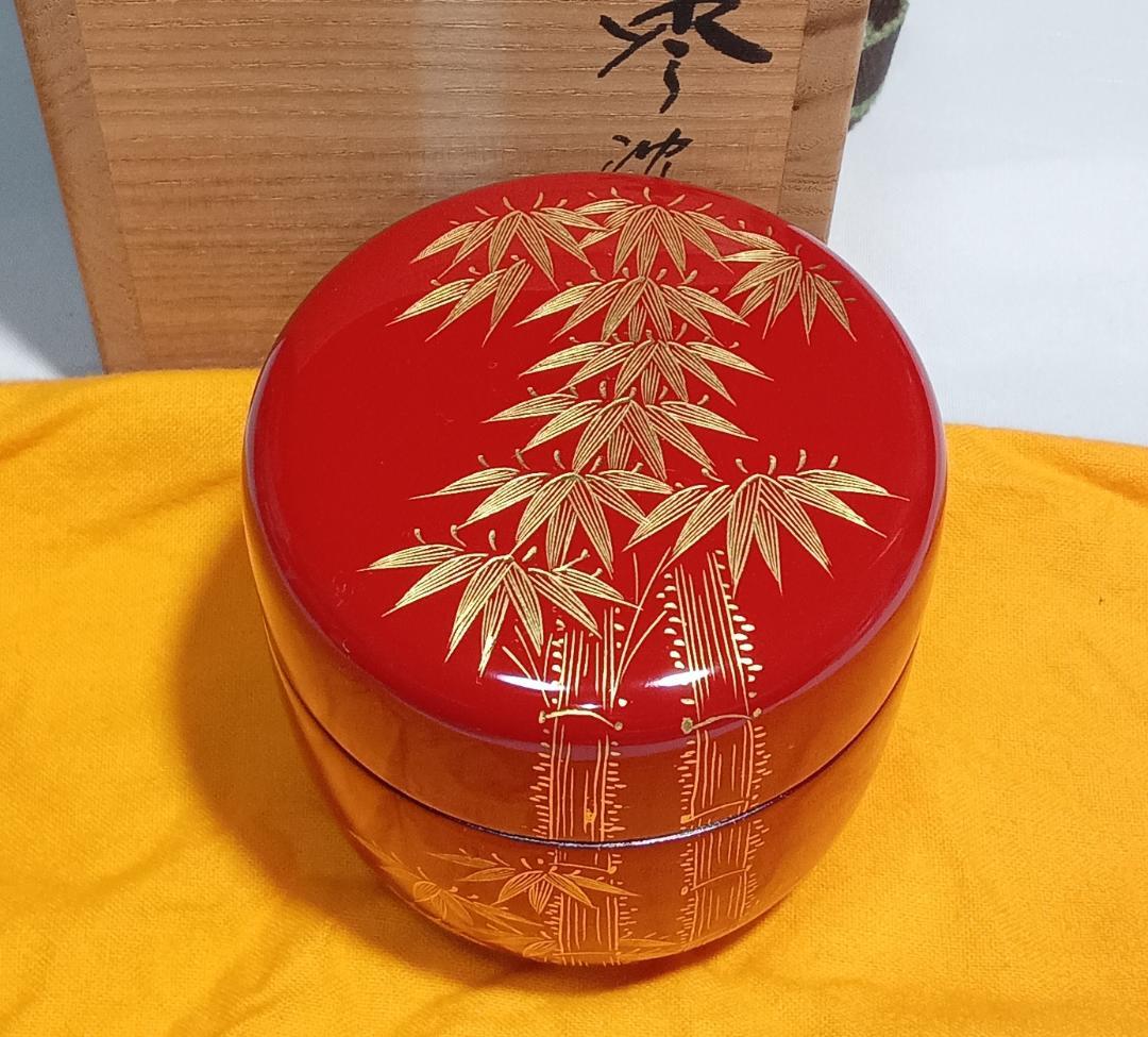 茶道具　伝統工芸加賀漆芸　朱漆塗沈金細工棗　朱漆塗沈金彫竹林文中棗　超美品！！
