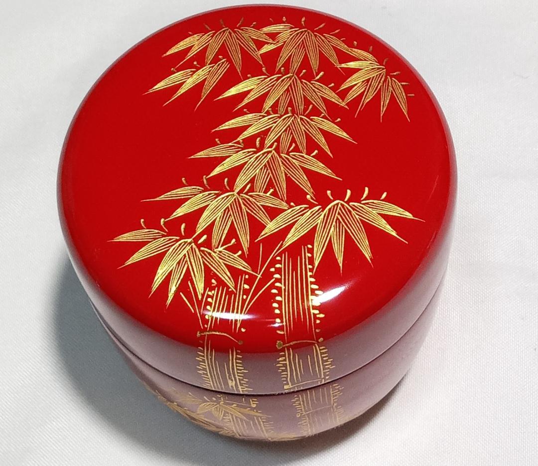 茶道具　伝統工芸加賀漆芸　朱漆塗沈金細工棗　朱漆塗沈金彫竹林文中棗　超美品！！