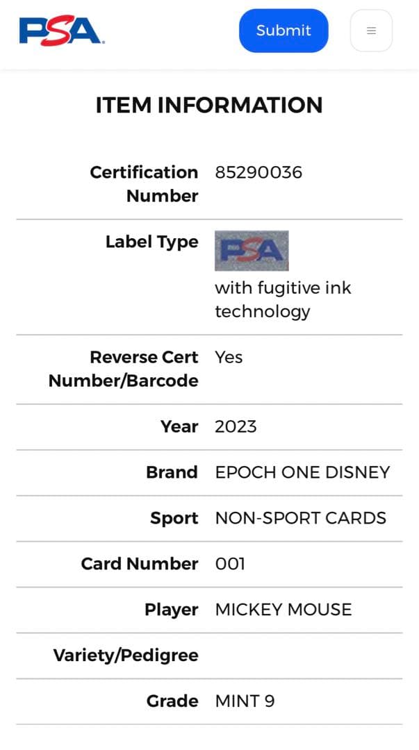世界9枚 PSA 9 エポックワン ディズニー100 ミッキーマウス トレカ限定