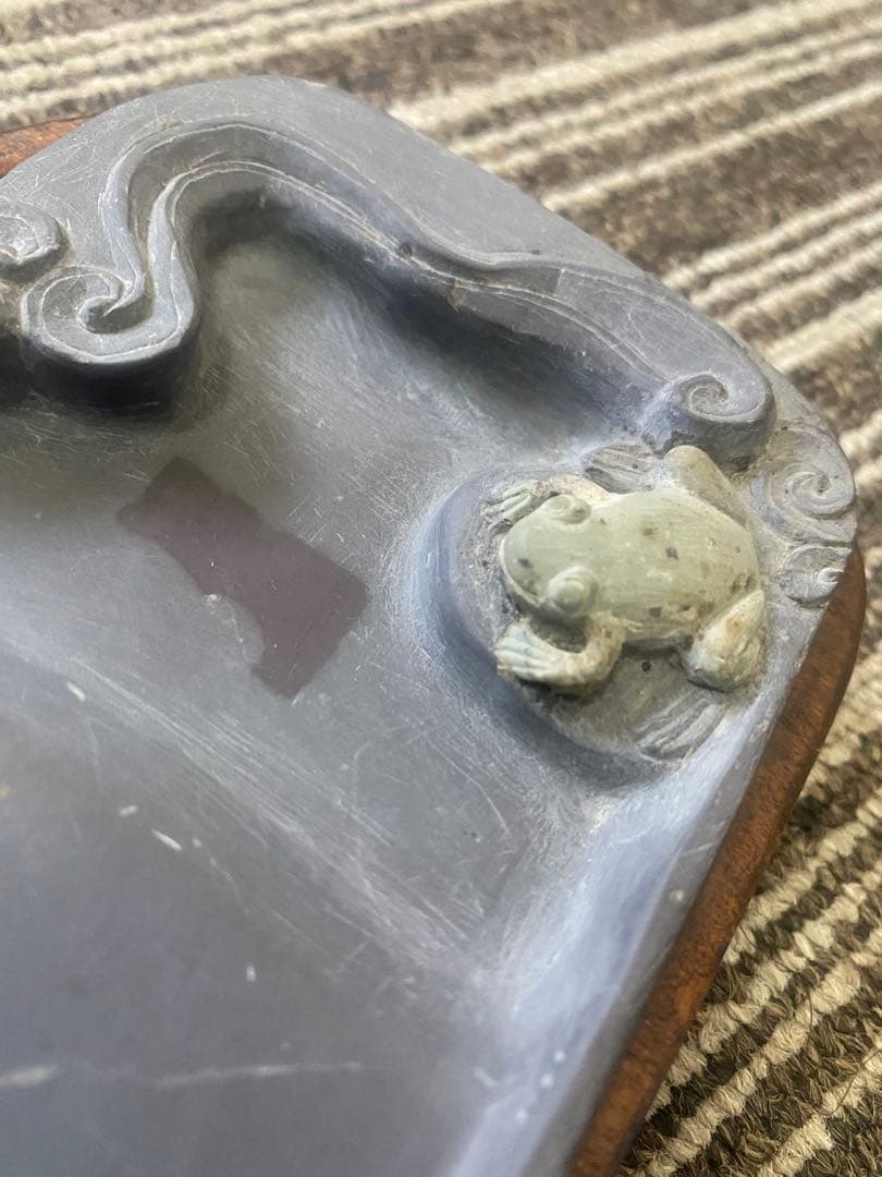 中国美術 端渓硯 斑点 石眼 硯 書道具 花鳥文 蛙　カエル　書道具 古硯 古玩