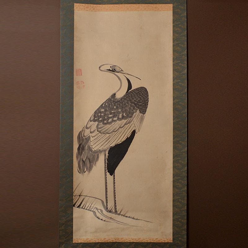 掛軸　伊藤若冲筆　水墨画　鶴図　紙本　二重箱　G　R7656B
