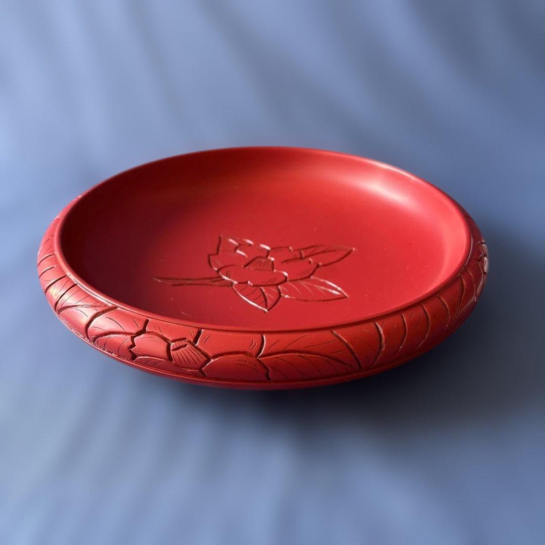 新潟 村上木彫堆朱　鉄鉢型小鉢（大）菓子器/うるし塗り 椿絵、牡丹絵　2枚セット