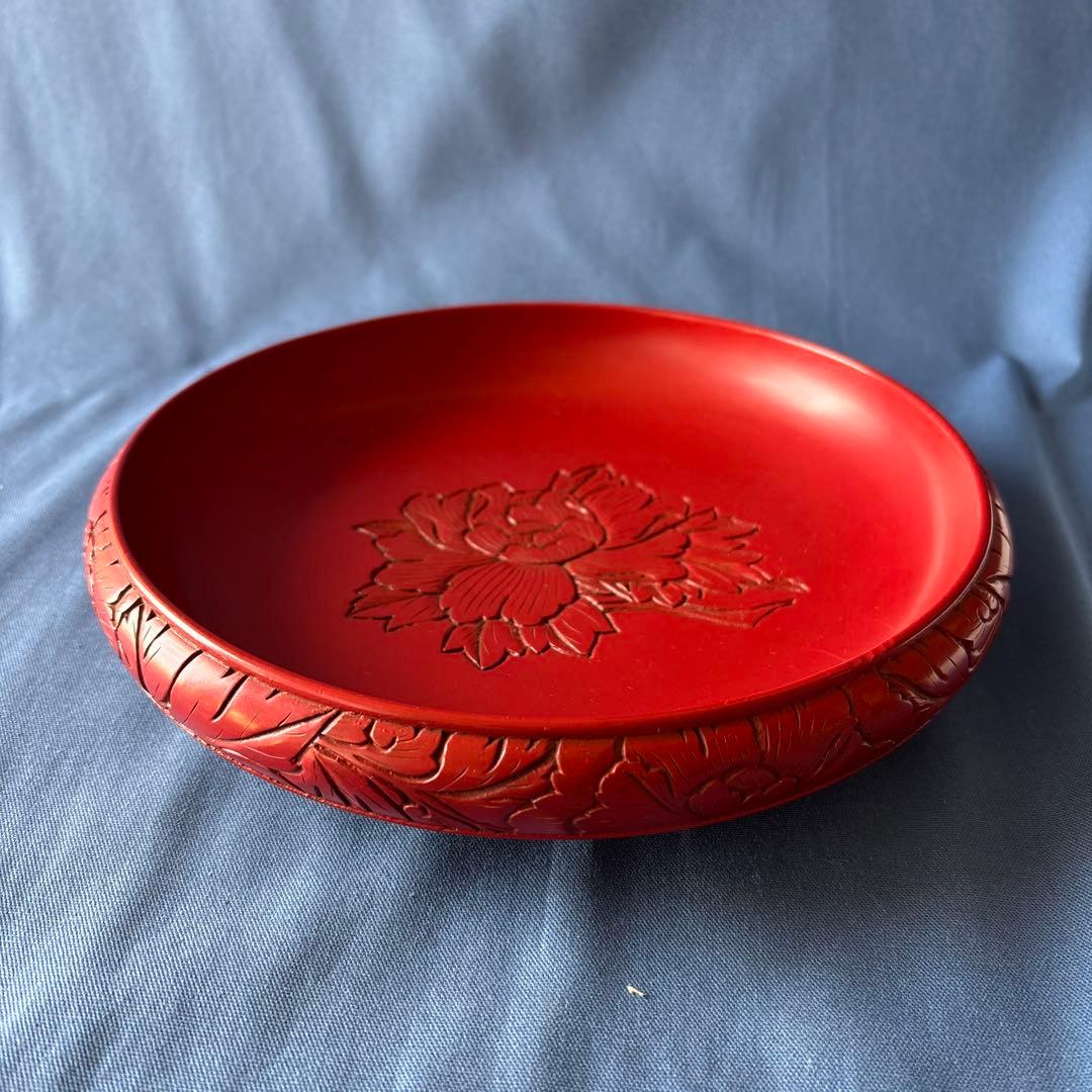 新潟 村上木彫堆朱　鉄鉢型小鉢（大）菓子器/うるし塗り 椿絵、牡丹絵　2枚セット