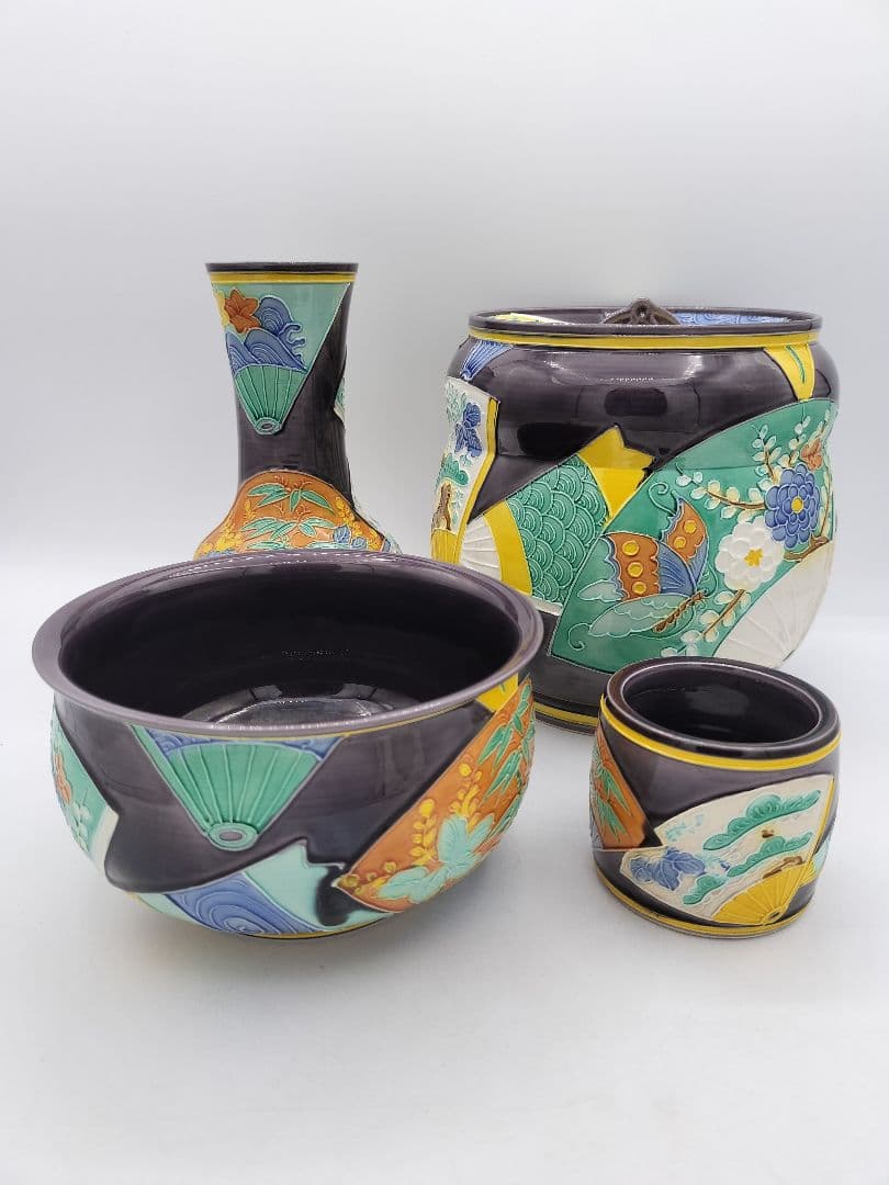 c565 皆具 紫交趾 扇面 平安清鳳 木箱 茶道具 古物