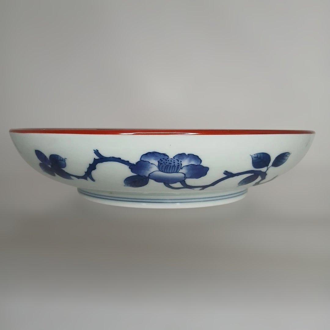 有田焼　(館林)喜助 作　『染錦椿盆栽　七寸深皿』　共箱付き