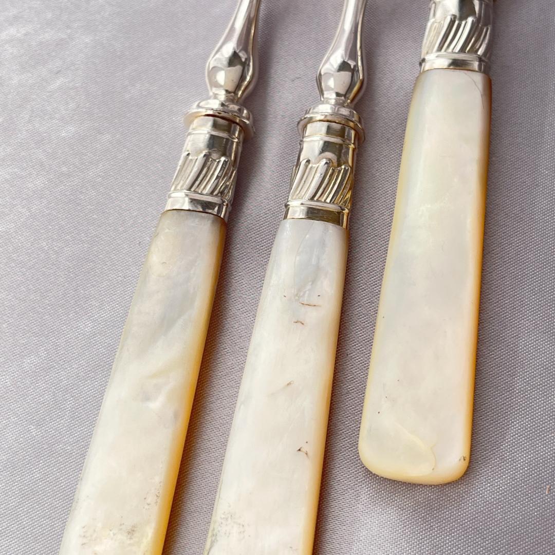 【英国】【白蝶貝】デザートセットナイフ/フォーク 12本 木製装飾ケース