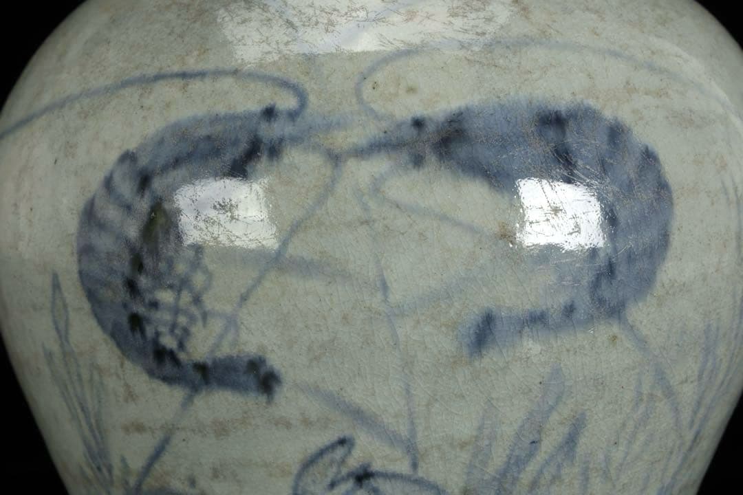 時代物 李朝 染付魚蟹海老文 壺 花瓶 箱付 白磁 青花 朝鮮古陶 唐物 骨董品