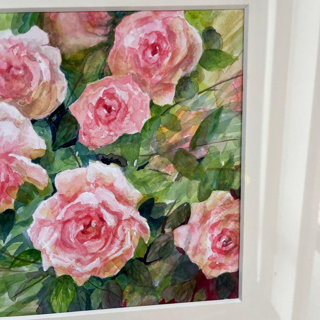 バラのささやき　額縁付き　透明水彩画
