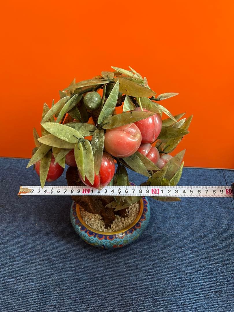 1184 中国美術　桃樹玉石　桃木玉石盆栽　景泰藍　石細工彫刻　置物