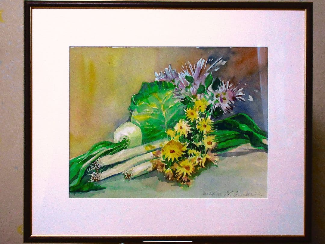水彩画 花と野菜の静物