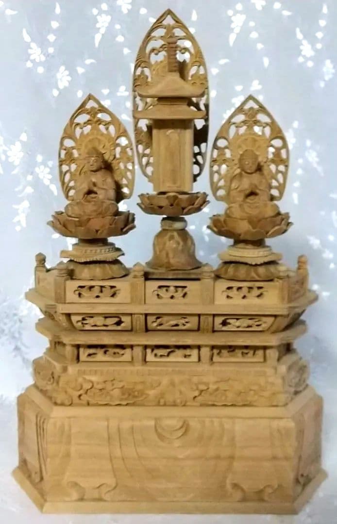 三宝尊 [極小#86] 題目宝塔 釈迦如来坐像 多宝如来坐像 ◆白檀 木彫 仏像