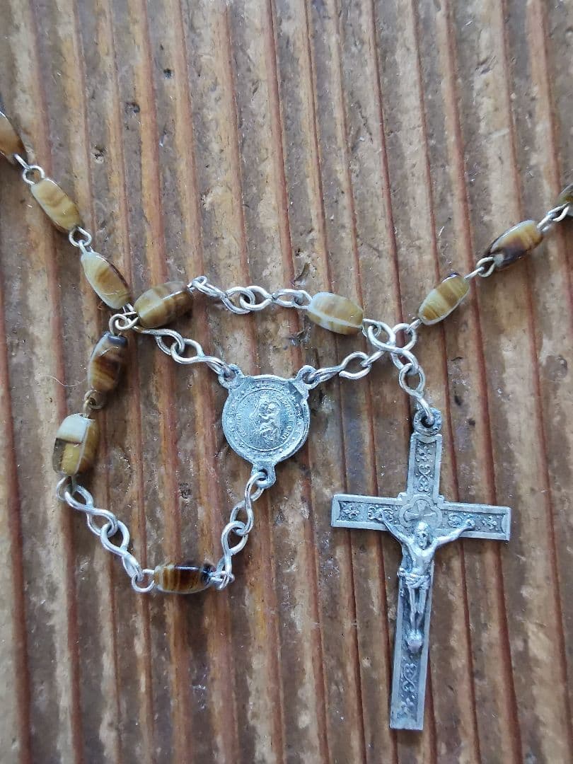 アンティーク ベルギーイタリア セピアマーブルガラス 聖母子のネックレスロザリオ